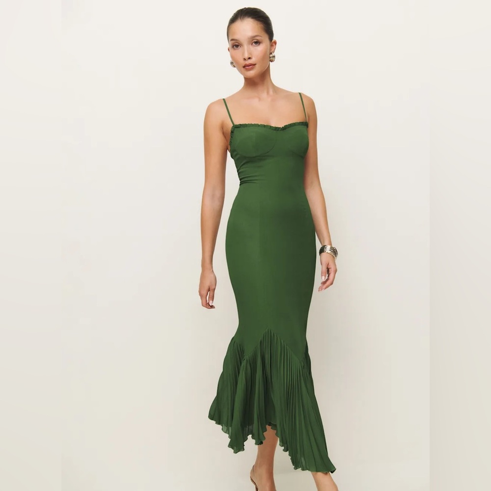 Reformation Olive Green Pleated-Hem Midi Dress - Picture 2 of 6